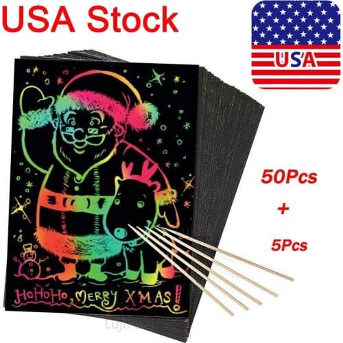 50 Pcs Rainbow Scratch Paper Painting Art Educational Kid Toys 5 Wooden Styluses