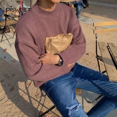 O-Neck Solid Loose Sweater Mens Korean Sleeved Slim Warm Sweate Men Simple Slim Knitted Sweater Boy 2020