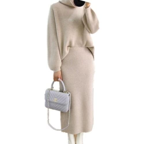 High collar sweater womens suit autumn and winter new fashion solid color two-piece casual thick knit sweater skirt 2 sets