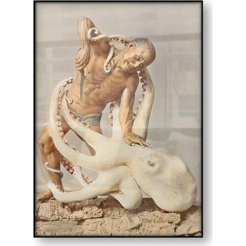 Fight with Octopus Monster Kazumasa Ogawa Japanese Art Poster Vintage Canvas Print Retro Old Photo Asian Wall Art Home Decor