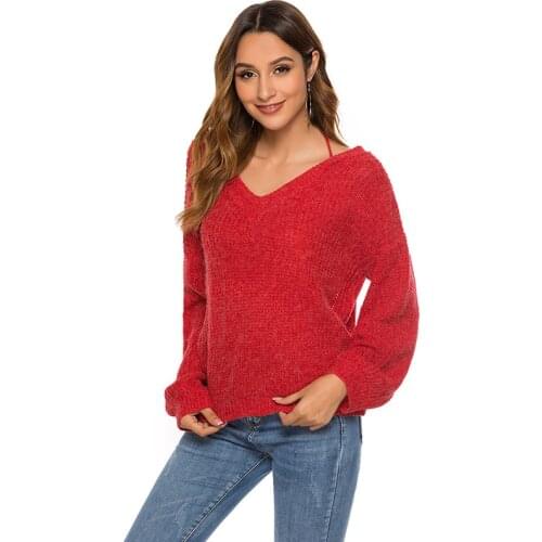 Womens Sexy V Neck Long Sleeve Pure Color Knitted Sweater Pullover Blouse Tops
