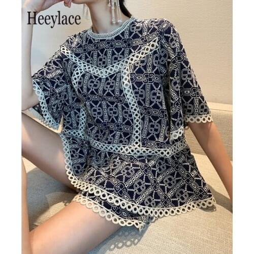 Women Shorts Sets French Vintage Summer 2021 New Hollow Out Lace Blouses + Shorts Suits Fashion Elegant Female 2 Pieces Sets