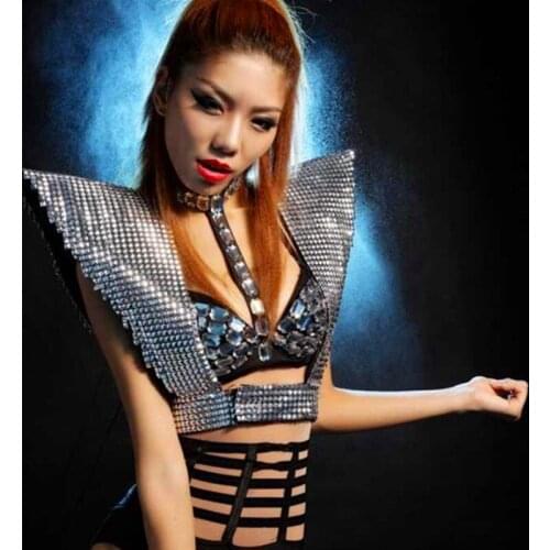 Gold Sliver Dj Performance Costumes Sexy Nightclub Woman Stage Outfit Ds Show Clothes Vest Sequins Female Singers Armor