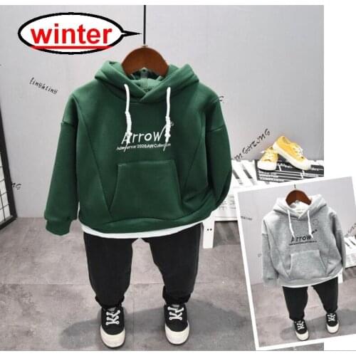 Baby Boys Clothing Sets 2020 Winter Boys Warm Plus Velvet Hoodie + Thickening Jeans 2 Pcs Kids Suit Children Clothes 2-6YEARS