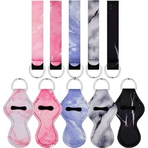 5 Pairs Marble Style Chapstick Holder Keychains Neoprene Lipstick Holder Keychain Protective Cases with Wristlet Lanyard