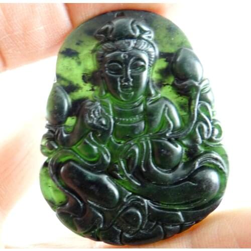 50*40*7MM Wholesale natural Chinese black green stone hand-carved statue of Guanyin amulet pendant necklace