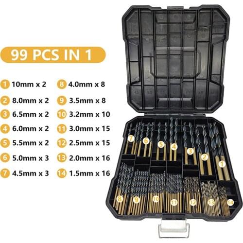 99PCS HSS twist drill, 1.5 - 10mm Hardening coating surface 135 degrees, power tool accessories, used for Metal ,wood ,aluminum