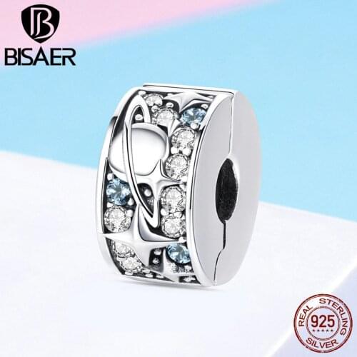 BISAER 925 Sterling Silver Planet Earth Beads Star CZ Clip Stopper Charms fit Bracelets Silver Beads for Jewelry Making ECC985