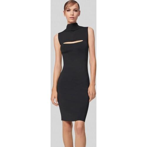 Black Sexy Bandage Dress 2021 Spring New Hollowed Out Design High Neck Sleeveless Slim Bodycon Mini Party Dresses High Quality