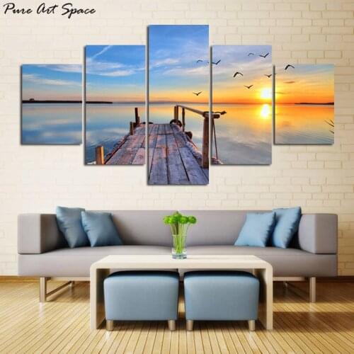 Canvas Prints Seaside Wooden Trestle and Sea view Birds Pictures Painting Sunset Seascape Paintings for Living Room Wall Art