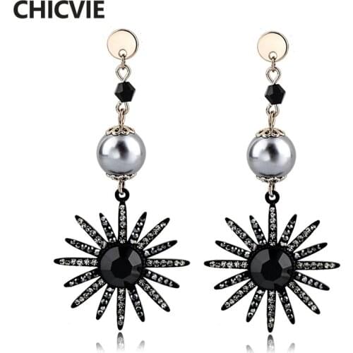 CHICVIE Fashion Vintage Charm Earrings For Women Jewelry Black pearl Earrings Long Flower pendant Drop Earrings Dangle SER170003