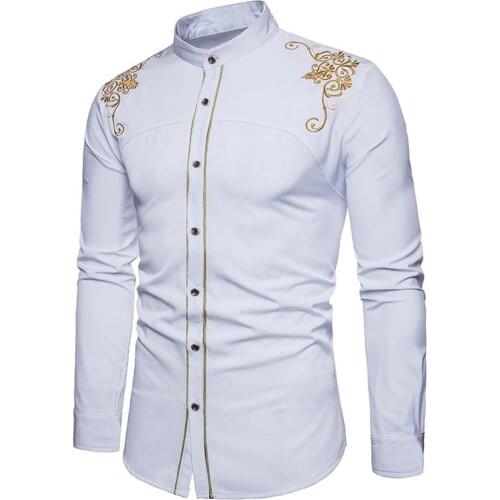 Men Fashion Embroidery Flower Button Stand Collar Long Sleeve Shirt Blouse Casual Top Long Sleeve Shirts Basic Shirt