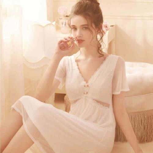 Princess Sleepwear Women Viscose Sexy Lace Nighty Fairy Night Dress Victorian Vintage White Nightgowns with Bra Pads Lounge Wear