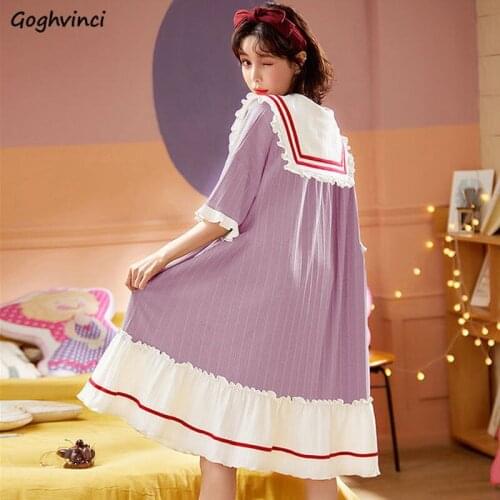 Nightgowns Women Loose Turn Down Collar Bowknot Ulzzang Sleepwear Mid-calf Patchwork Summer Cozy Lovely M-2XL Homewear Princess