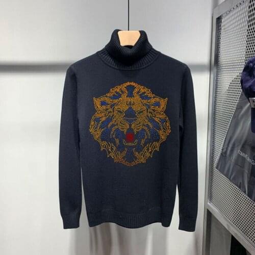 Slim-Fit Pullover Oversized Mens Turtleneck Sweater Creative Lion Pattern Designer Sweatshirt Brand Factory Recommends
