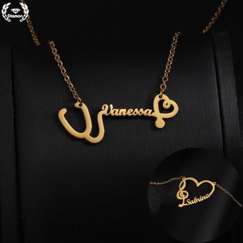 Diamon Personalized Stainless Steel Necklace For Women Girls Custom Letters Kids Name Heart Shape Pendent Chain Jewelry Gift
