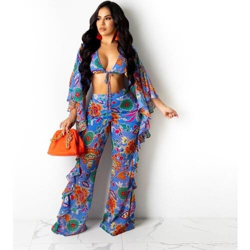 Sheer Mesh Floral Print Sexy 2 Piece Set Women Vintage Deep V Neck Ruffles Full Sleeve Crop Top+cascading Ruffle Wide Leg Pants