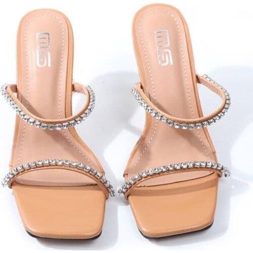 New High Heel Slippers Summer Fashion Rhinestone Chain Design Slip On Square Toe Slides Outdoor Women Heels Daily Party hy186