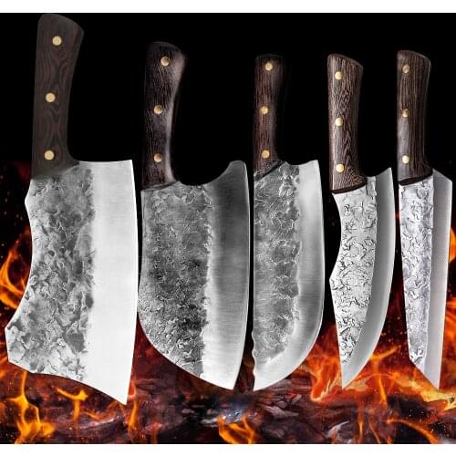 Traditional Handmade Forged Kitchen Knife Slicing Knife Hammer Pattern Stainless Manganese Steel Meat Slices Melon Wooden Handle