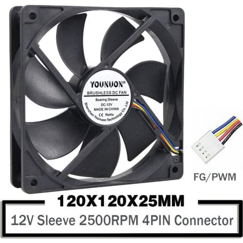 YOUNUON 12V 120mm 120x120x25mm Sleeve Cooling Fan W/FG PWM Function PC CPU Computer Case Fan Industry Radiator Cooling Fan