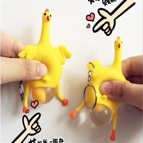 Funny Spoof Tricky Gadgets Toy Chicken Egg Laying Hens Crowded Stress Ball Keychain Keyring Relief Gift B148