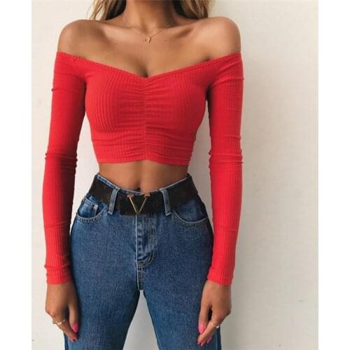 WomenS Long Sleeve T-Shirt Sexy And Club Fashion Off Shoulder Solid Color Autumn Basic Tees Lady Crop Tops WX305
