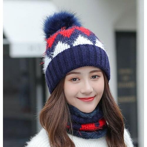 Womens Winter Hat Ski Brand Big Fur Pompoms Ball Knitted Hats Scarf Hat Set Winter Women Beanie Hat Warm Skullies Female Cap