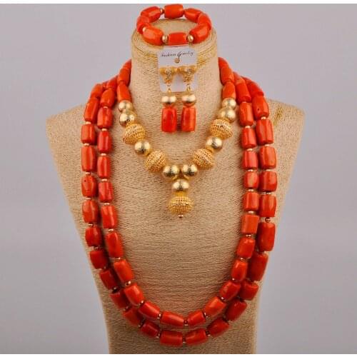 Women Orange Coral African Beads Bridal Jewelry Sets For Wedding Nigerian Beads Necklace Earrings Bracelet Set