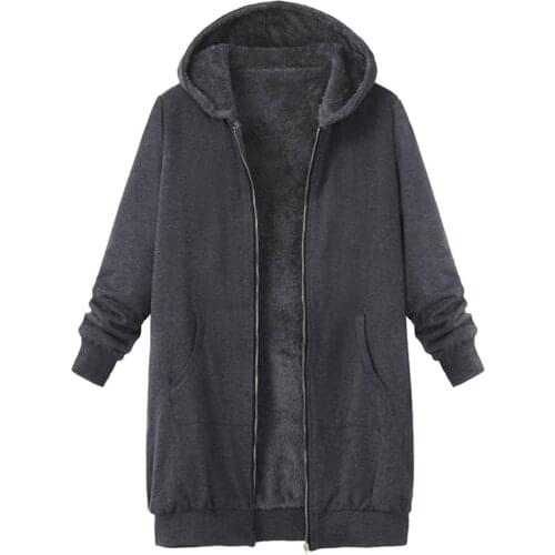 Winter Jacket Women Vintage Solid Fleece Hooded Zipper Plus Size Long Sleeve Thick Coat Warm Cardigan Jacket Outwear Overcoat