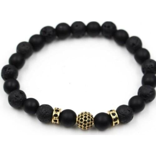 8mm yhuh3 gold silver Copper cz zircon cubic zirconia elastic adjusted stone black volcanic lava agate Onyx Bracelet Bangles