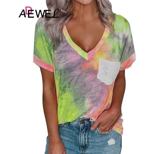 ADEWEL Yellow Lace Pocket Tie-dye V Neck woman T-shirt Ropa Mujer Camisetas Clothes Loose Plus Size Tops Roupas Feminina 2XL