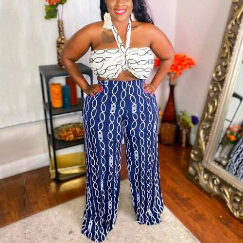 4XL 5XL Plus Size Pants Sets Printed Crop Tops & Wide Leg Pants High Waisted Fashion French American Outfts Matching Sets New