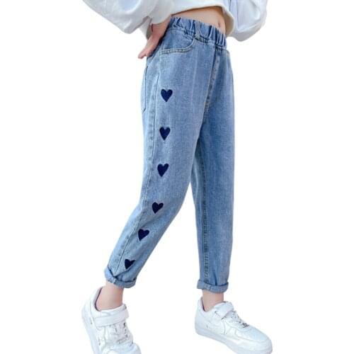 Jeans Girl Heart Pattern Kids Jeans Girls Casual Style Children Jeans Spring Autumn Childrens Clothes 6 8 10 12 14