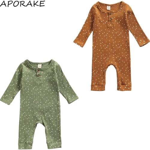 2021 3-18M Baby Casual Romper Boys Girls Dot Printed Pattern Long Sleeve Round Collar Spring Autumn Jumpsuit Dark Green/ Caramel