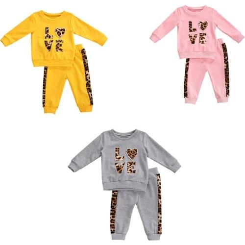12M-5T Baby Girl Fall Shirt Jogger Pants Suit Leopard Printed Pearls Round Neck Long Sleeve Girl Trousers
