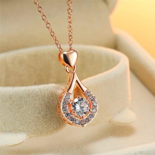 White Round Zircon Geometric Pendant Heart Necklaces For Women Retro Gold Color/Rose Gold Chain Necklace Female Bridal Jewelry