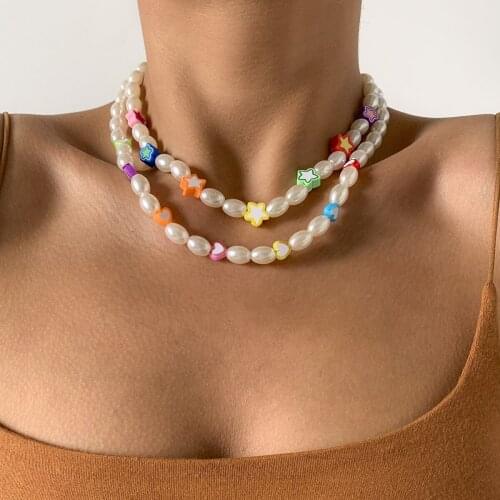 New Ins Colorful Hand-woven Beaded Necklace Simple Geometric Acrylic Star Pearl Necklace For Women Girls Fashion Jewelry Gift