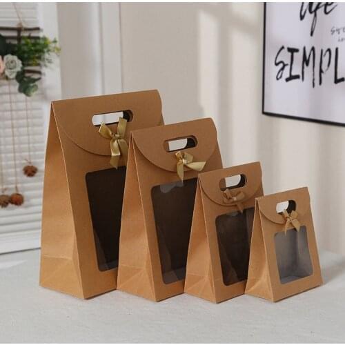 Kraft Paper Bag Clear Christmas Window Gift Bag Candy Wrapping Paper Package Portable Gift Bag for Birthday Wedding 4 Size