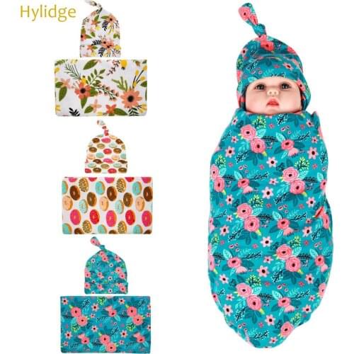 Hylidge Sweet Donut Newborn Swaddle Photography Prop Baby Muslin Blankets Printed Floral Baby Wrapping Cloth Beanie Hat Set