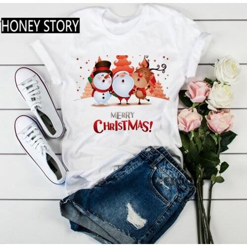 All Seasons Suitable Women T-shirt New Year Merry Christmas Fashion Shirt Girls Cartoon Casual Cotton Short Sleeve Tops Tee