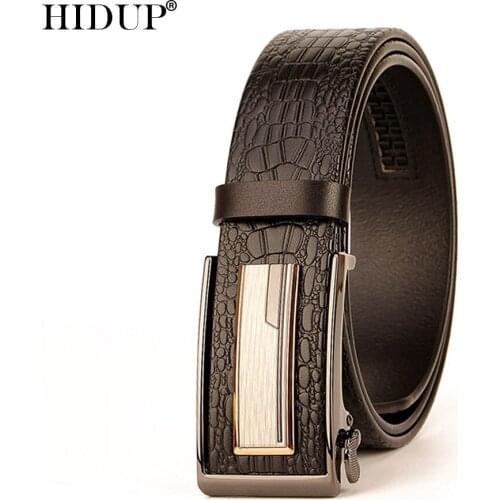 HIDUP Top Quality Crocodile Line 100% Pure Solid Cowhide Leather Ratchet Belts 3.5cm Width Automatic Belt for Men Jeans NWJ879