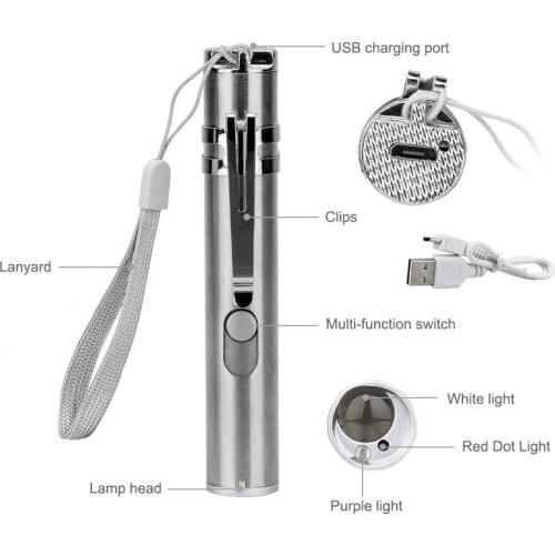 LED UV Flashlight/Red Laser/Moon Instruction Light Cash Check Emergency Lamp USB Rechargeable Torch Penlight Built-in AA Battery