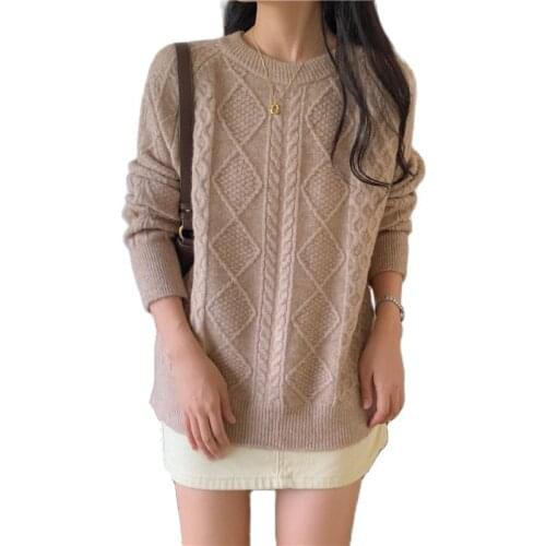 Sweater Women O-Neck Solid Argyle Japan Style Knit Pullovers Autumn Winter Thick High Quality Long Sleeve Loose Tops