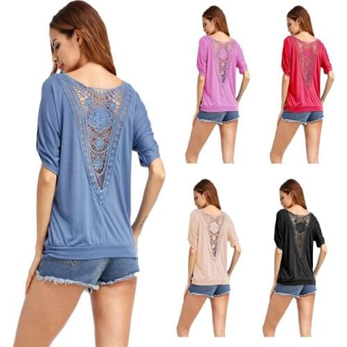 Women Back Panel Stitching Openwork Round Neck Lace T-shirt Arrival Summer Fashion Loose Casual Harajuku Lace Solid Color Tshirt