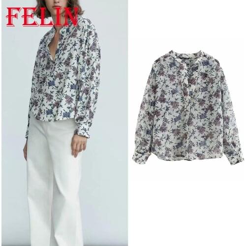 Za 2021 Vintage Chic Floral Fashion Blouses O Neck Long Sleeve Autumn Casual Women Shirts Chiffon Elegant Mujer Tops