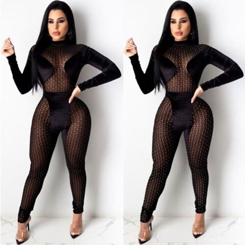 2021 Autumn Hot Stamping Women Jumpsuits Nightclub Sexy Lady See Through Mesh Fashion High Neck Long Sleeves Bodycon Rompers