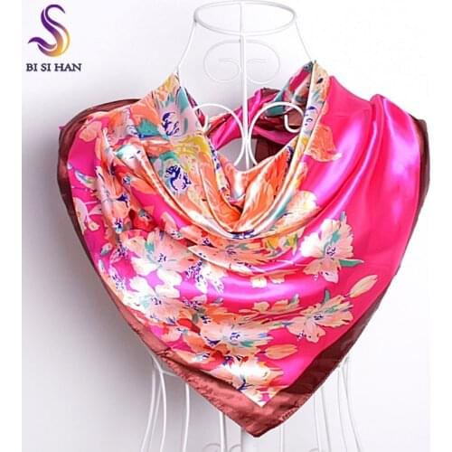 [BYISFA] Ladies Silk Scarf Wraps Europe Style Design Satin Big Square Scarf Printed New Brand Women Blue Silk Scarf 90*90cm