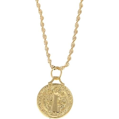 Gold Color Catholic Round Medal Cross Pendant Necklace Patron Saint Benedict Of Nursia Holy Jewelry
