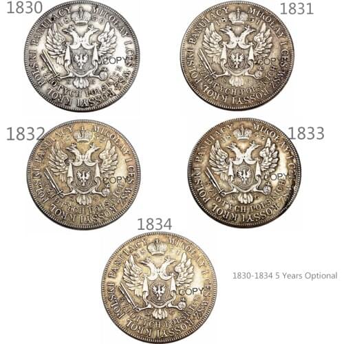 1830 - 1834 5 Years Optional Poland 5 Zlotych Silver Plated Copy Coins