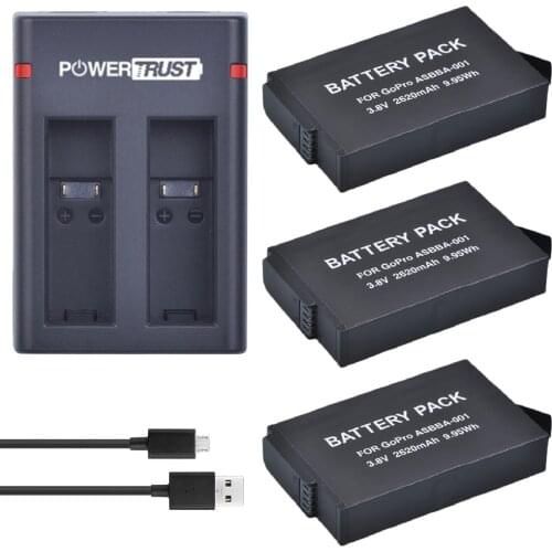 3x 2620mAh ASBBA-001 GoPro ASBBA 001 ASBBA001 Replacement Battery and Dual USB Charger for Gopro Fusion 360-Degree Action Camera